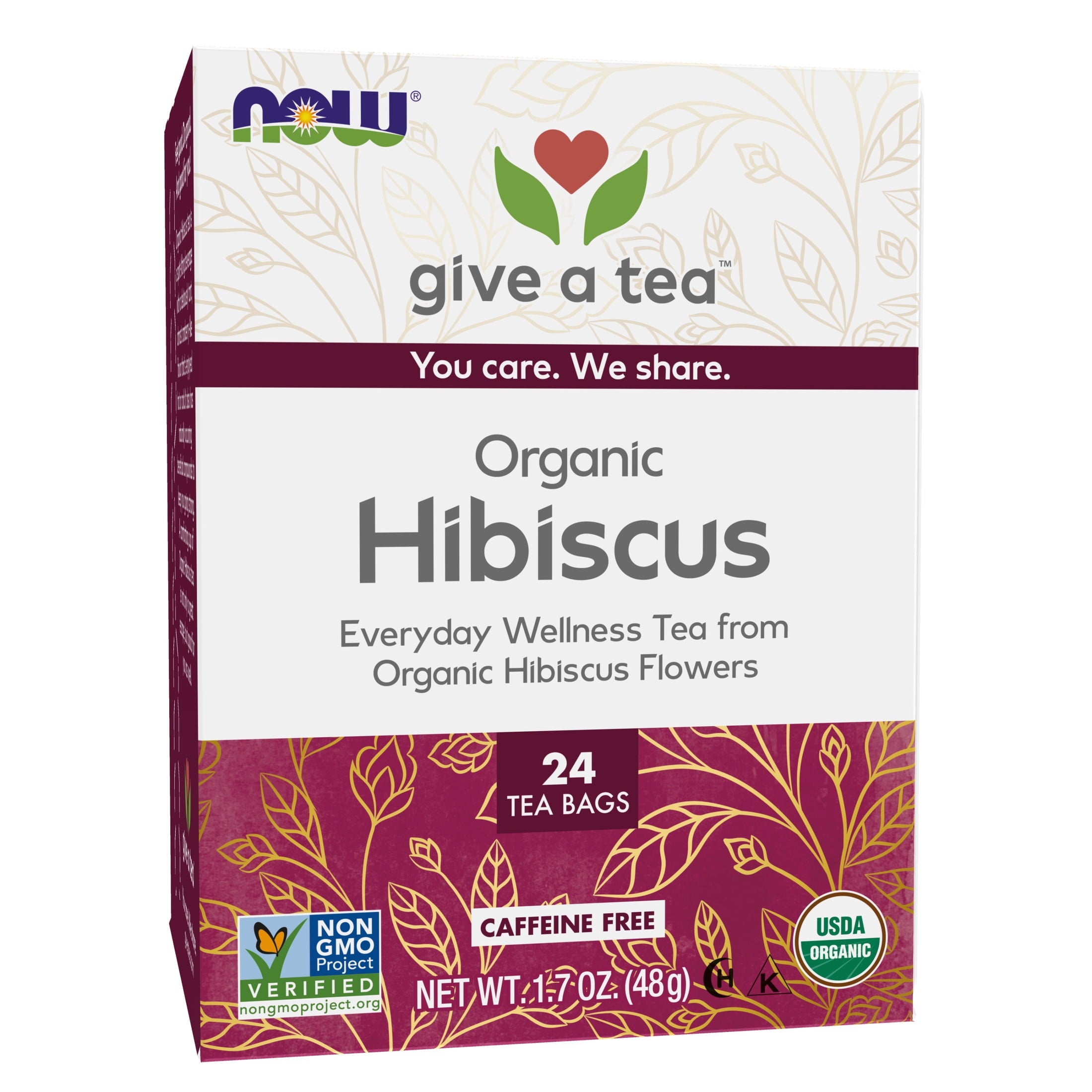 NOW Foods, Organically Hip Hibiscus™ Tea, Caffeine-Free, Non-GMO, No Added Colors, 24-Count