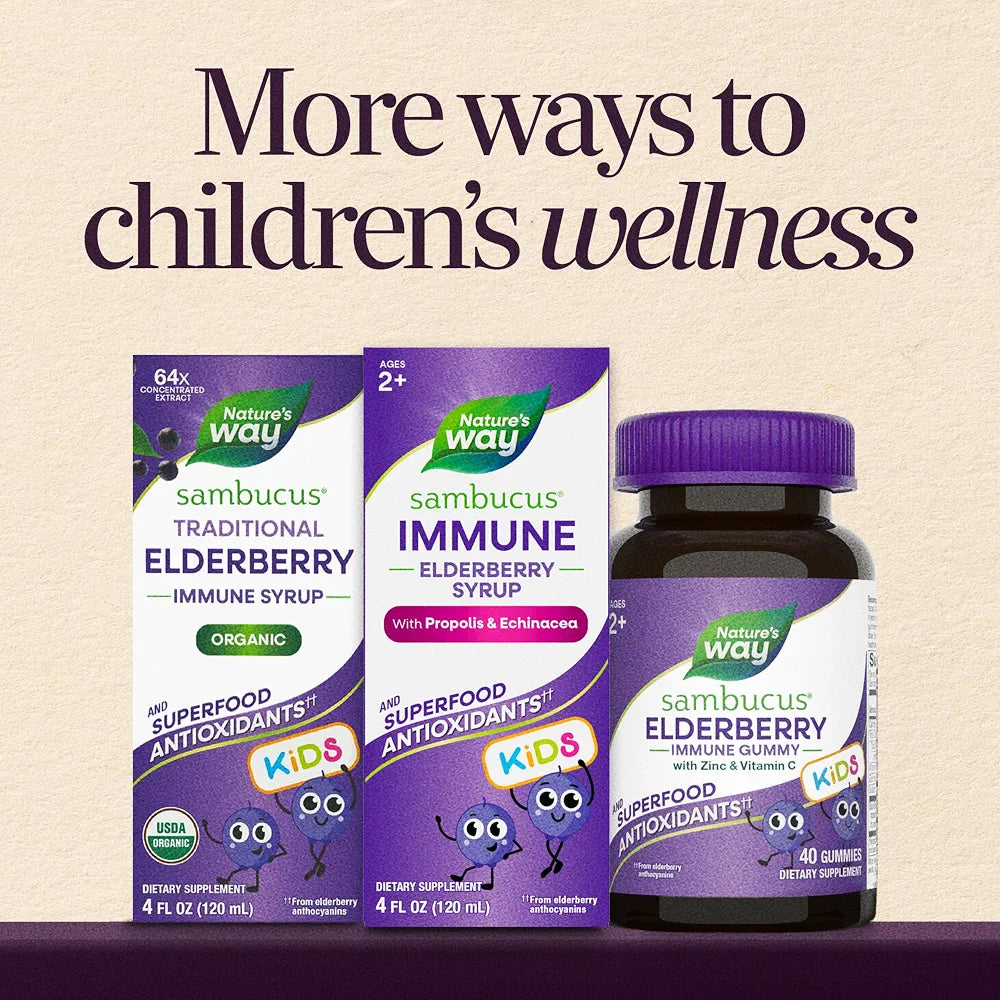 Nature's Way Sambucus Kids Immune Elderberry Syrup, Black Elderberry Extract with Echinacea & Propolis, Traditional Immune Support for Children with Superfood Antioxidants, Berry Flavored, 4 Fl Oz