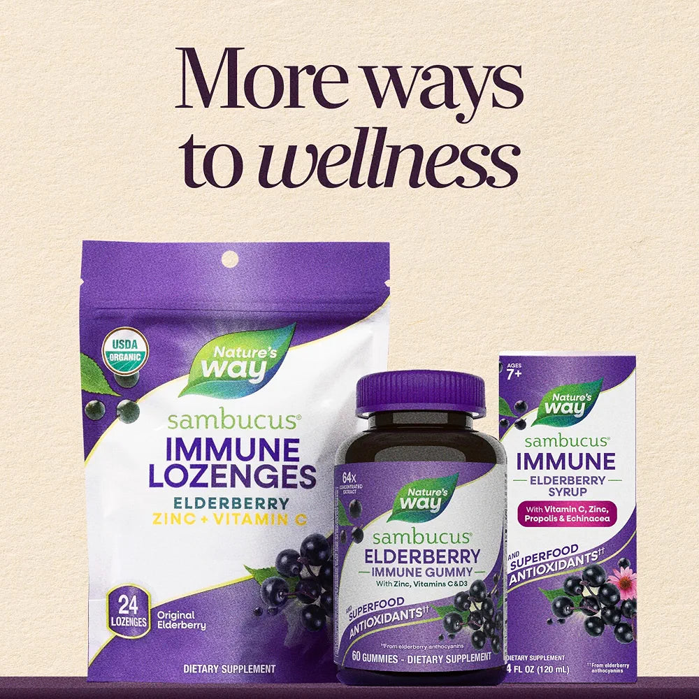 Nature's Way Sambucus Immune Syrup, Elderberry Extract, Vitamin C, Zinc, Echinacea, Propolis, Daily Immune Support*, Antioxidant Support*, Gluten free, Vegetarian, 8 Fl Oz  | Immune Support with Superfood Antioxidants*, Echinacea & Propolis, Concentrated Black Elderberry Extract, Berry Flavored