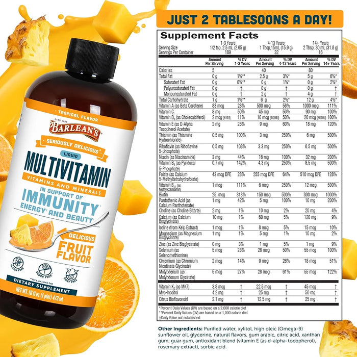 Barlean's Liquid Multivitamin for Women, Men & Kids, 21 Essential Vitamins & Minerals, 16 fl oz