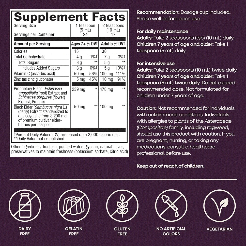 Nature's Way Sambucus Immune Syrup, Elderberry Extract, Vitamin C, Zinc, Echinacea, Propolis, Daily Immune Support*, Antioxidant Support*, Gluten free, Vegetarian, 8 Fl Oz  | Immune Support with Superfood Antioxidants*, Echinacea & Propolis, Concentrated Black Elderberry Extract, Berry Flavored