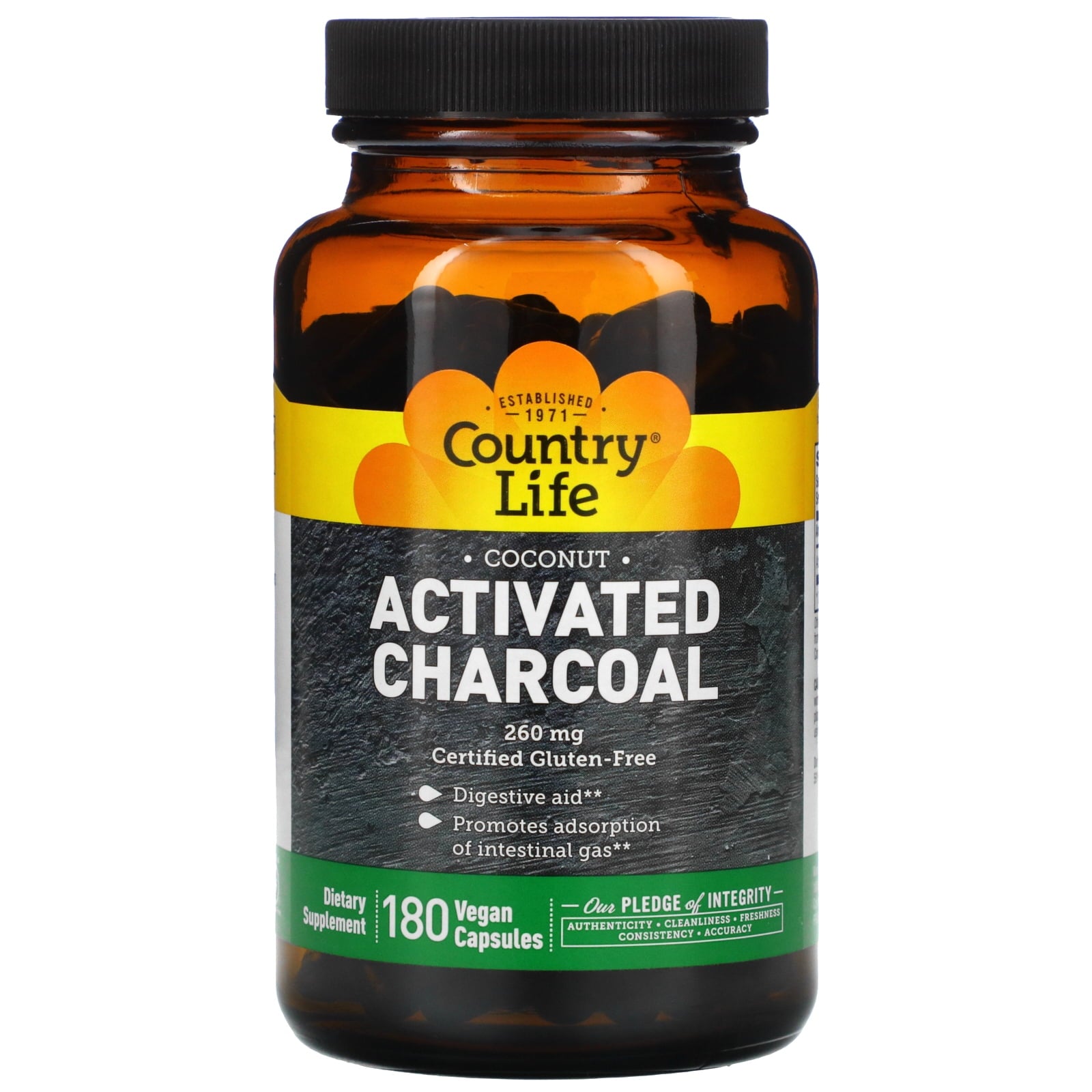 Country Life Activated Organic Coconut Charcoal Capsules, 260mg – Natural Charcoal Supplement for Gas and Bloating Relief, Gluten-Free, 180 Vegan Capsules