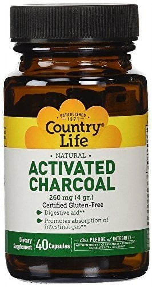 Country Life Coconut Activated Charcoal Capsules, 260mg – Natural Charcoal Supplement for Gas and Bloating Relief - Gluten-Free, 40 Vegan Capsules