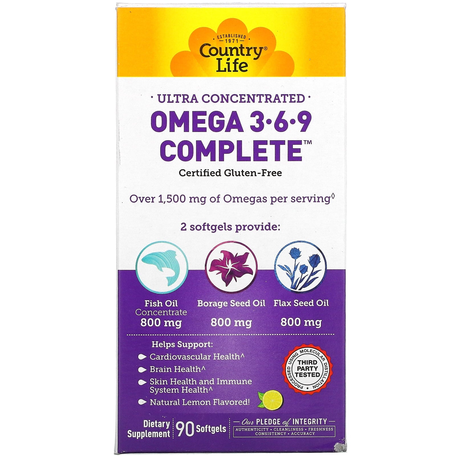 Country Life Ultra Concentrated Omega 3-6-9 Complete, Natural Lemon, 90 Softgels
