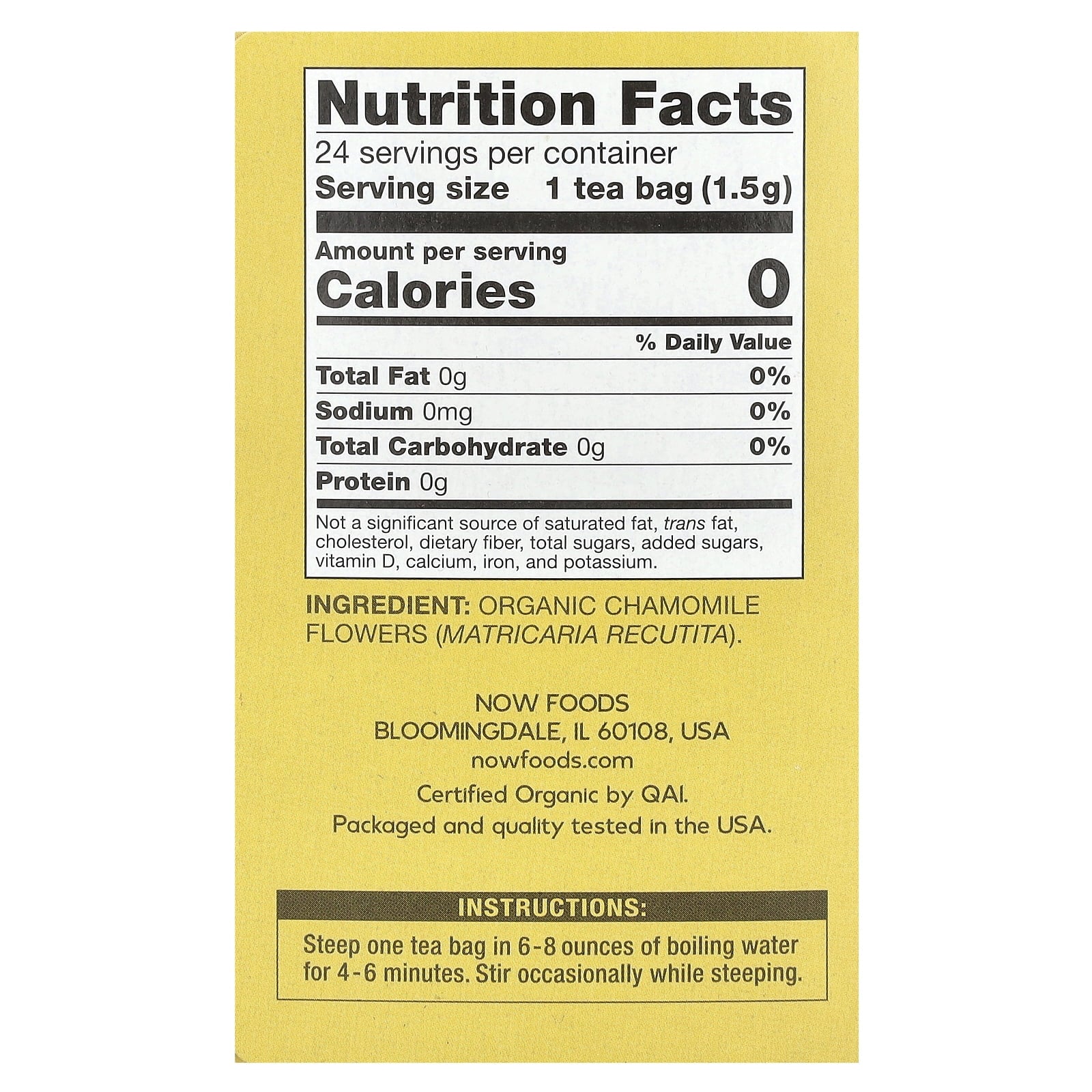 NOW Foods Organic Chamomile Herbal Tea Bags, 24 Ct