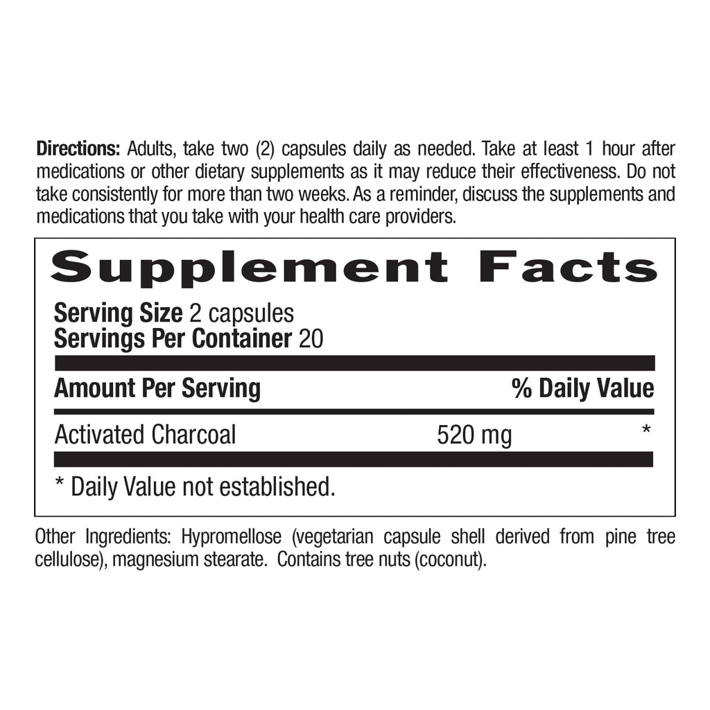 Country Life Coconut Activated Charcoal Capsules, 260mg – Natural Charcoal Supplement for Gas and Bloating Relief - Gluten-Free, 40 Vegan Capsules