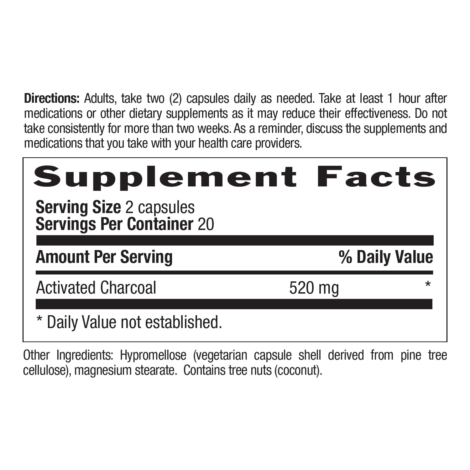 Country Life Coconut Activated Charcoal Capsules, 260mg – Natural Charcoal Supplement for Gas and Bloating Relief - Gluten-Free, 40 Vegan Capsules