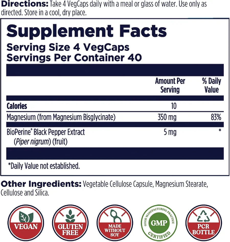KAL Magnesium Glycinate 350mg, Fully Chelated, High Absorption – 160 Veg Capsules