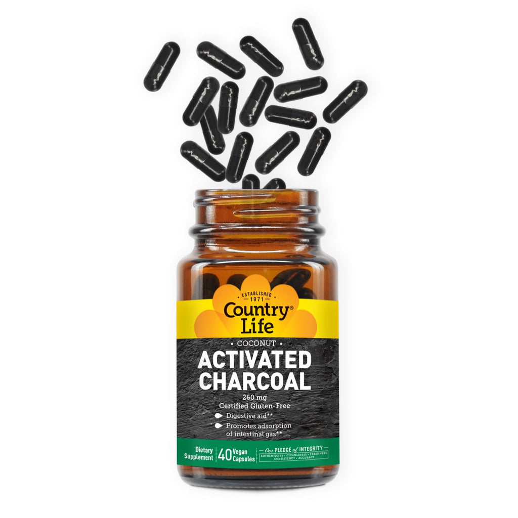 Country Life Coconut Activated Charcoal Capsules, 260mg – Natural Charcoal Supplement for Gas and Bloating Relief - Gluten-Free, 40 Vegan Capsules