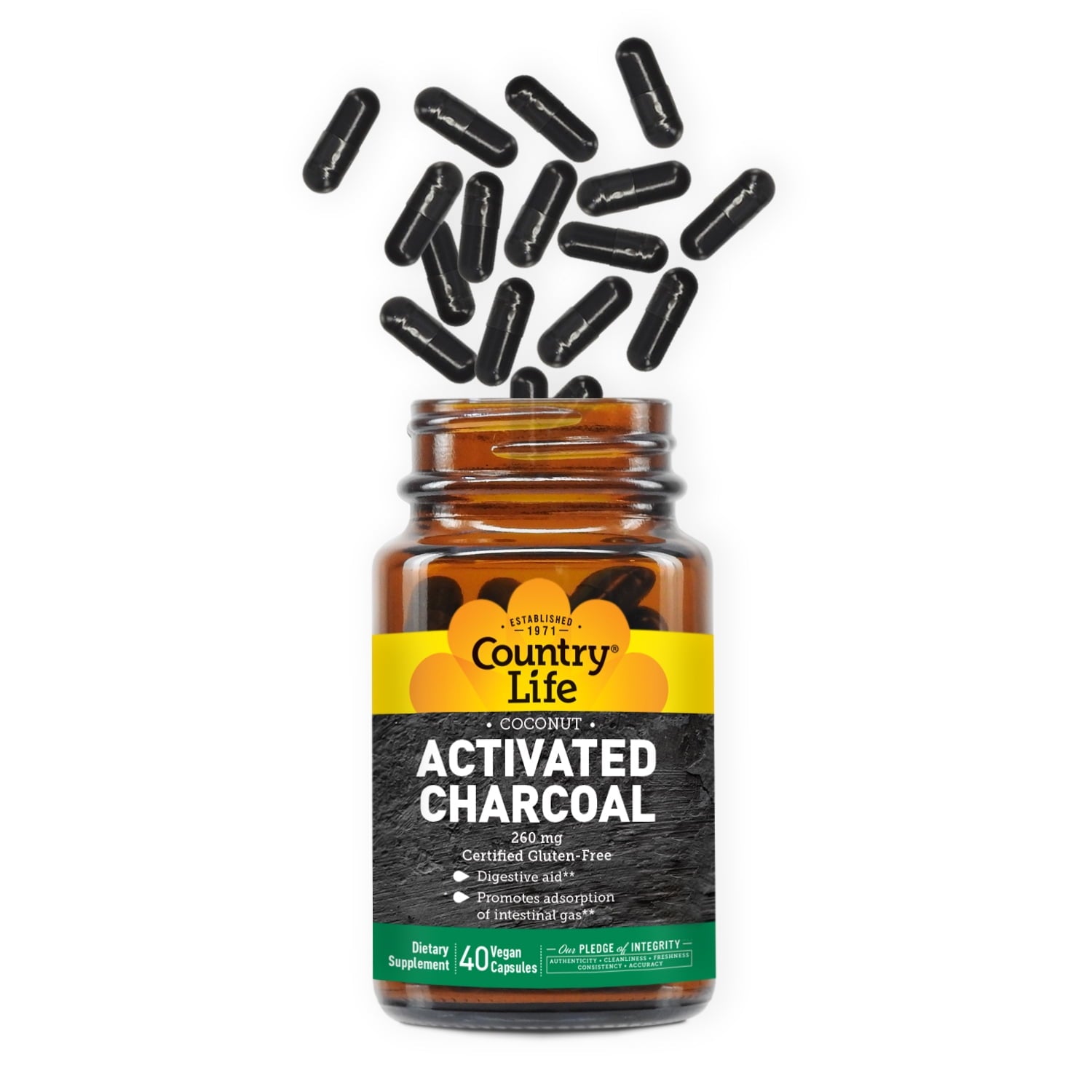 Country Life Coconut Activated Charcoal Capsules, 260mg – Natural Charcoal Supplement for Gas and Bloating Relief - Gluten-Free, 40 Vegan Capsules