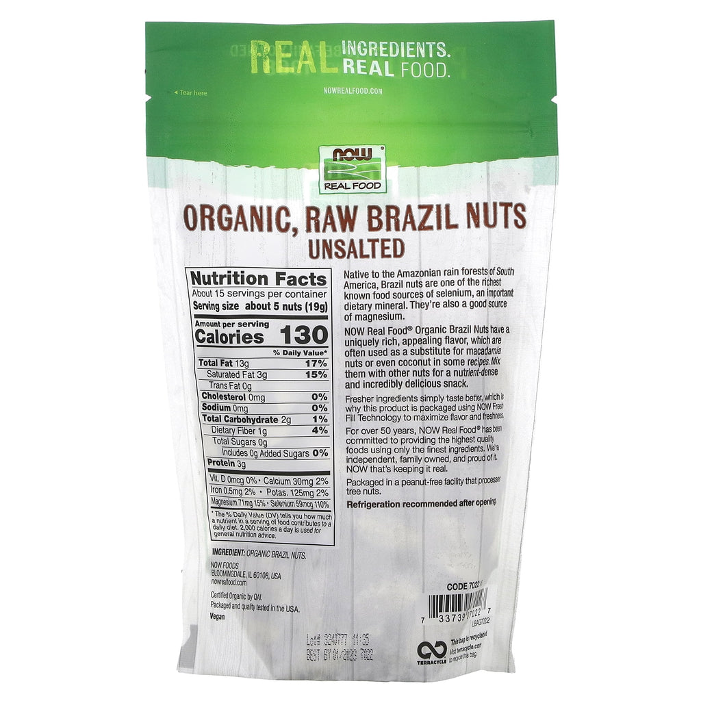 NOW Foods Organic, Raw Unsalted Brazil Nuts, 10 Oz Resealable Pouch