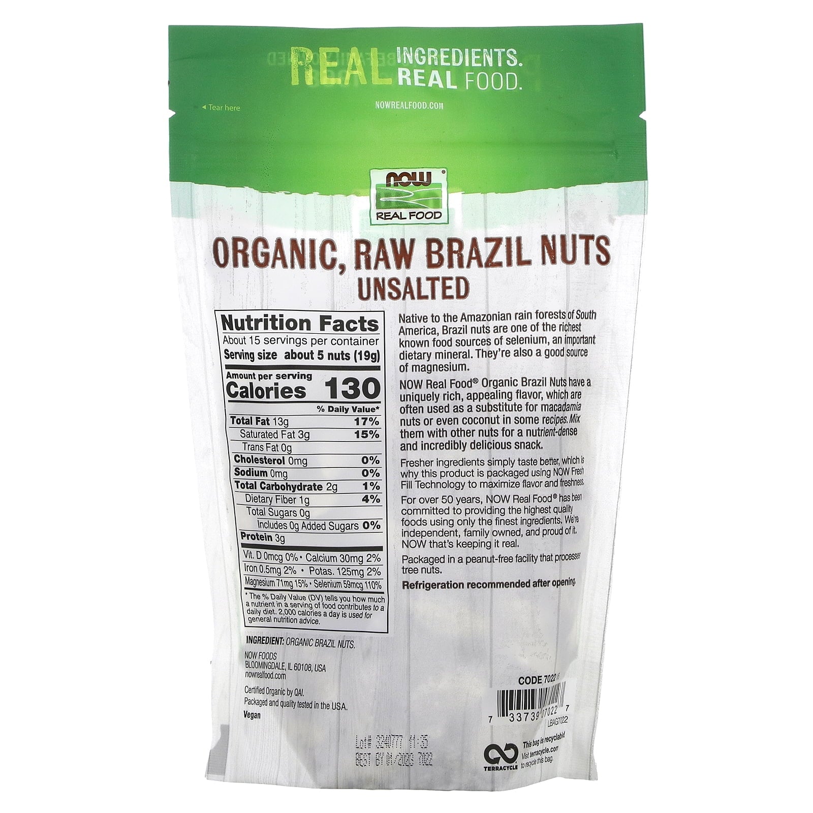 NOW Foods Organic, Raw Unsalted Brazil Nuts, 10 Oz Resealable Pouch