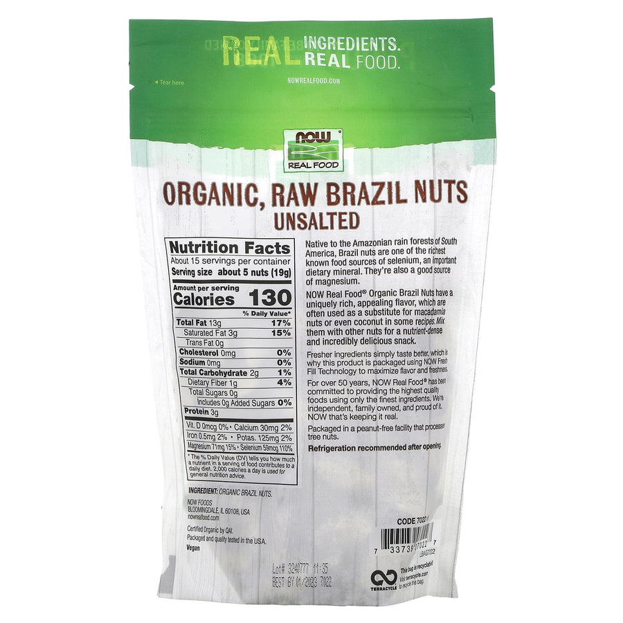 NOW Foods Organic, Raw Unsalted Brazil Nuts, 10 Oz Resealable Pouch