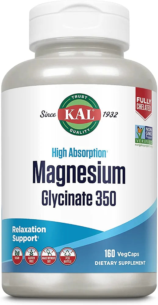 KAL Magnesium Glycinate 350mg, Fully Chelated, High Absorption – 160 Veg Capsules