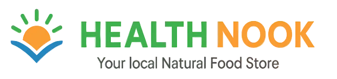 Logo of Health Nook, a local natural food store, with a colorful design featuring a sun and leaves.