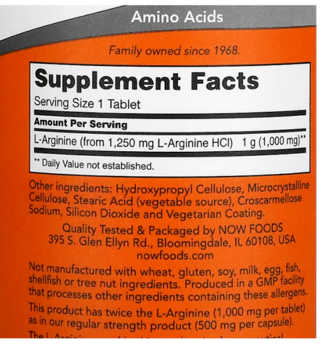 Double Strength L-Arginine 1000mg 120 Tabs Amino Acid Now Foods Kosher/Vegan|165101056904