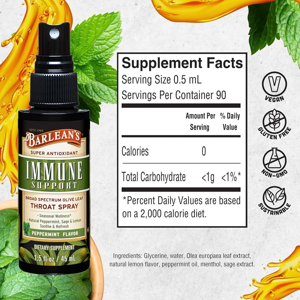 Barlean's Immune Support Olive Leaf Throat Spray, Peppermint Flavor, 1.5 fl oz|164807707077