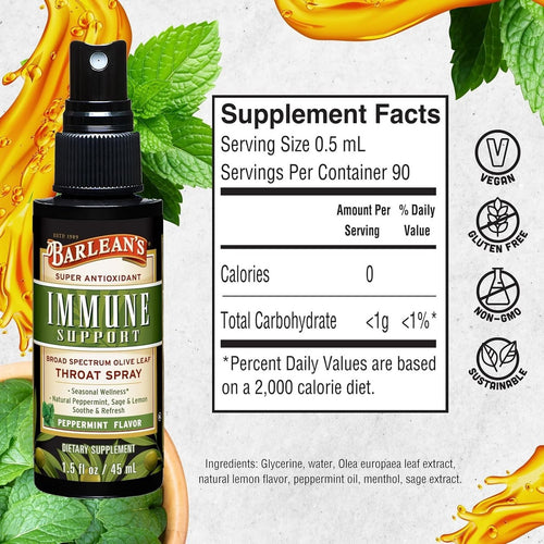 Barlean's Immune Support Olive Leaf Throat Spray, Peppermint Flavor, 1.5 fl oz|164807707077